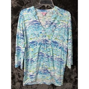 Lilly Pulitzer Beach Print Tunic Top M Blue Green 3/4 Sleeve